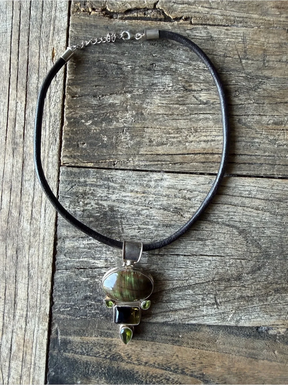 Labradorite, Peridot, and Smokey Quartz set in Silver 925, Leather Cord